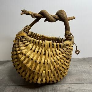 Vintage Buttocks Woven Basket Unique Natural Curly Branch Handle